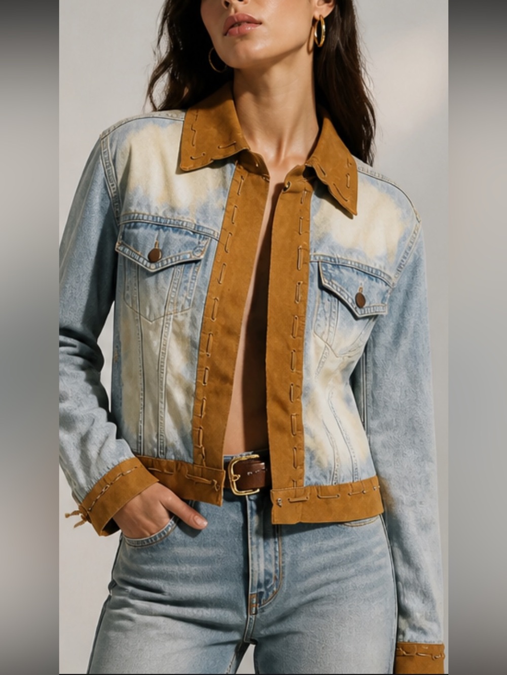 Vintage 80’s Denim Jacket Suede-Trim | Trucker Jean Jacket | Bleached Denim EUC